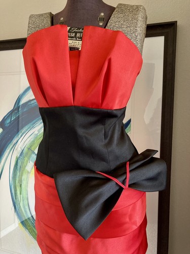 Vintage 80s Strapless Satin Prom Cocktail Party Dress Red Ruffles Black Bow XS - Picture 2 of 8