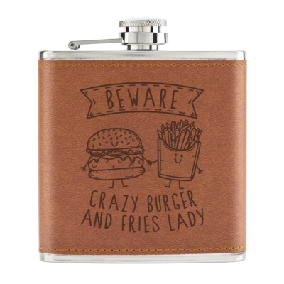 Vorsicht Crazy Burger und Pommes Lady 6 Unzen PU-Leder Flachmann hellbraun lustig Essen Chips