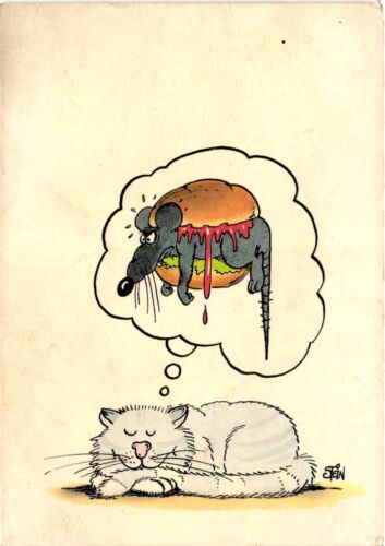 Cats, Cat Dreaming about a Rat Burger, Funny Postcard - Afbeelding 1 van 2
