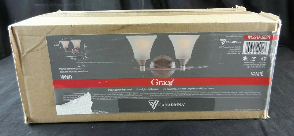 Luminária de vaidade CANARM IVL221A02BPT Grace, estanho escovado - Imagem 2 de 3