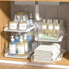 2 Sets of 2-Tier Multi-Purpose Bathroom Under Sink Organizers and Storage Sta...