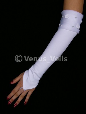 15'' Ivory Bridal Wedding Pearl Satin Fingerless Gloves