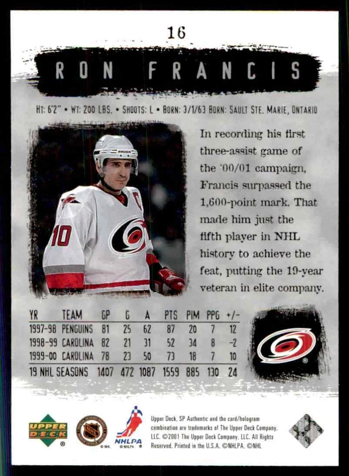 2000-01 Upper Deck SP Authentic Ron Francis #16 - Image 2 of 2