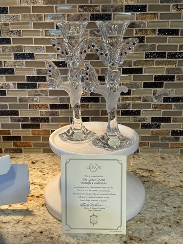 Lenox Vtg German Crystal Candlestick Holders Butterfly & Swraovsky Crystals 1990