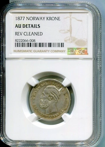 NORWAY 1877 KRONE NGC AU DETAILS 'CLEANED'