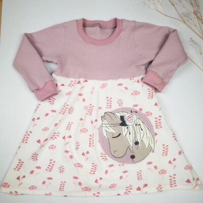 Kleid Gr. 92 Jersey Mädchen Stickerei Boho Pferd Handmade NEU 