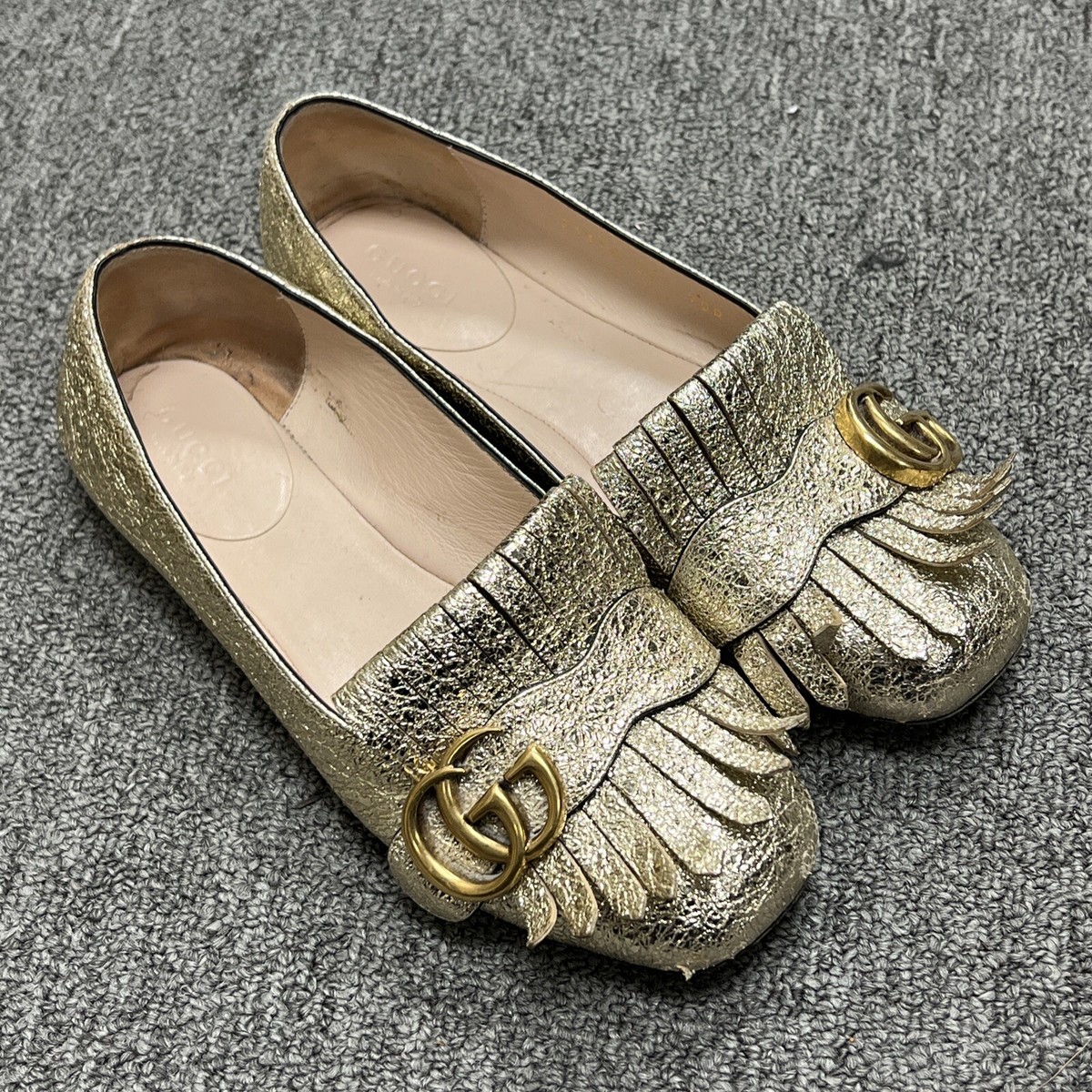 Gucci Shoes Gold Crinkled Leather GG Marmont Fringe Ballet Gucci Shoes Gold Crinkled Leather GG Marmont Fringe Ballet