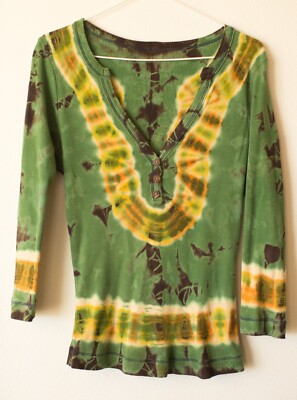 Y2K Vintage Green Tie-Dye Ribbed Henley Hippie Festival T-Shirt Top Me & Ko S M
