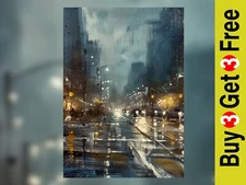 Rainy City Streets 5"x7" Print on Matte Paper | Moody Urban Nightscape Art