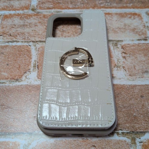 iPhone 15 Pro Case Crocodile Pattern White Beige Synthetic Leather Gold Logo