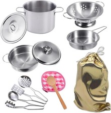 Stainless Steel Pretend Cooking Utensils Cookware Set,Mini Play Kitchen Accesso