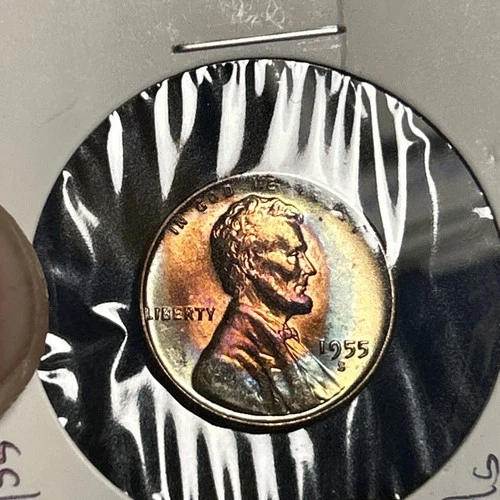 1955 S LINCOLN CENT-RAINBOW TONED GEM BU +
