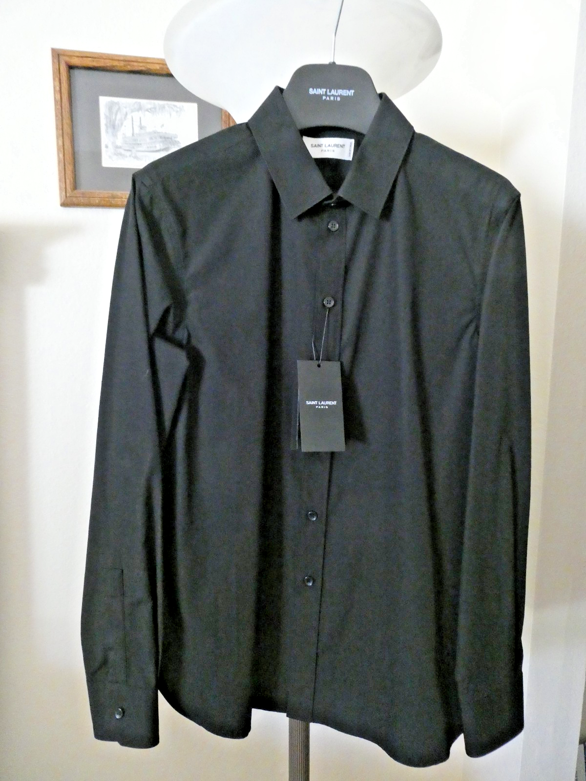 Saint Laurent Camicia Nera YSL Bottone Anteriore Manica Lunga Donna Tg F42