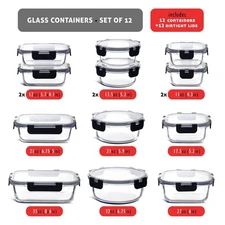 Airtight Glass container Set of  12-24 Glass Food Storage Containers with Lids #