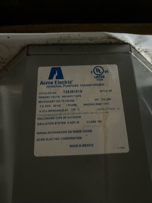 Acme Electric T2536151s Transformer 7.5 KVA 1 Phase