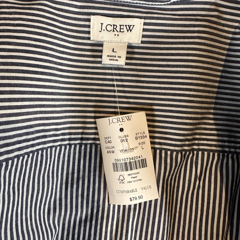 J. Crew Women's Blue White Striped Puff Sleeve Collared Button Up Shirt Size L - Image 3 of 4