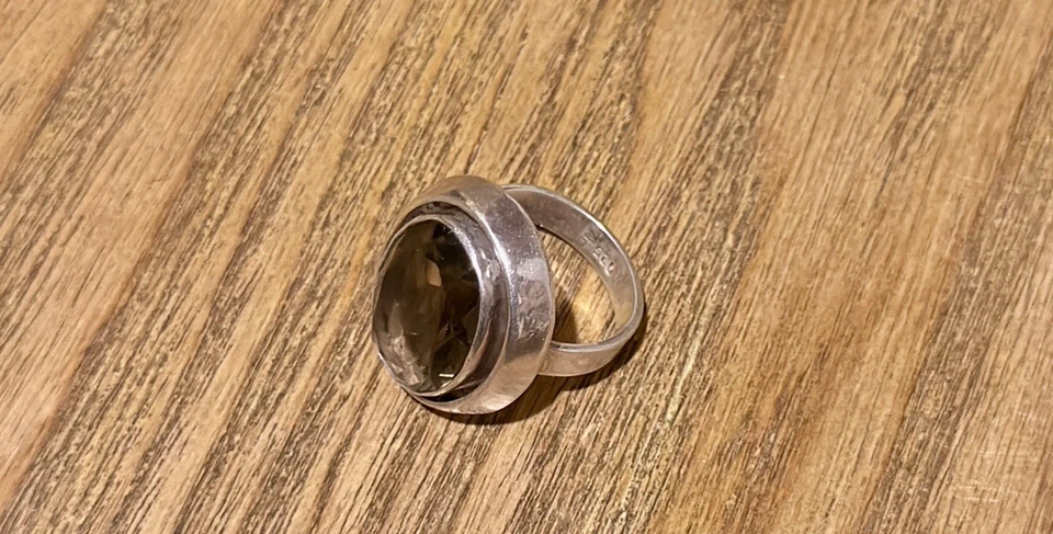 Vintage Modernist Smoky Quartz Sterling Silver Statement Ring Oval 925 - SZ 7.25 - Image 2 of 4