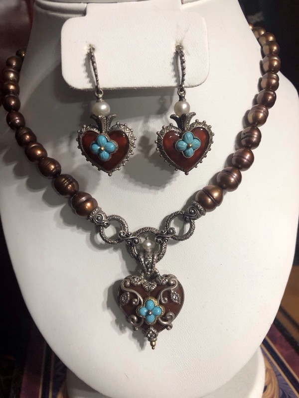 Barbara bixby Chocolate Pearls With Carnelian Turquoise Heart Pendant & Earrings
