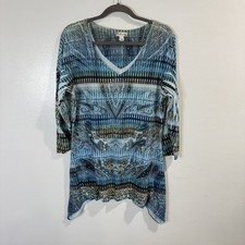 Vintage 90s Y2K One World Unity Shirt XL Tunic Burnout Studded Sharkbite Blue