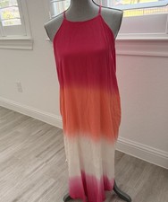 New Womens SHE & SKY CORAL FUCHSIA OMBRE TIE DYE MIDI SLEEVELESS DRESS BOHO Larg
