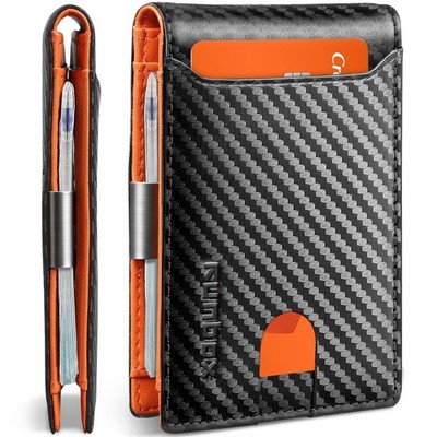 RUNBOX Slim Wallets for Men - Leather Money Clip Mens M, Carbon Black&Orange 