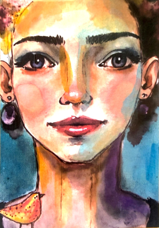 OOAK Woman Bird ACEO Mixed Media Art Contemporary Portrait by AdriO