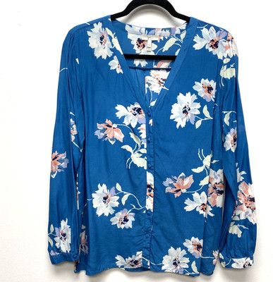 Joie Michi Silk Blouse Womens Blue Floral Long Sleeve V-Neck Button Top Medium