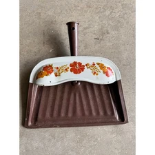 Vintage Metal Broom Dustpan JV Reed Made In USA Brown with Orange Flowers