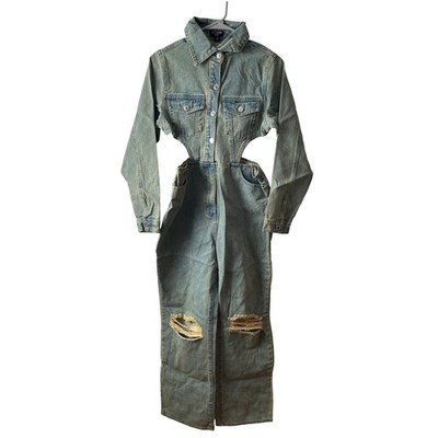 PrettyLittleThing Petite Vintage Wash Denim Cut Out Jumpsuit Ripped Size 4 New