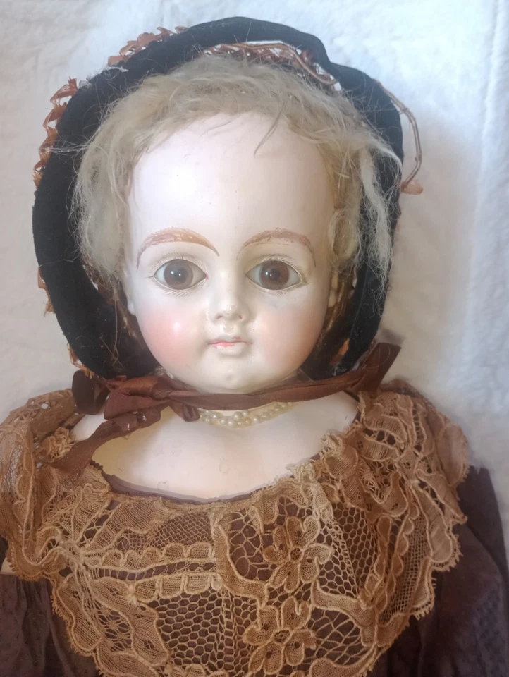 Preciosa muñeca francesa con ojos de vidrio antiguos originales 27 pulgadas? Foto 3 de 4