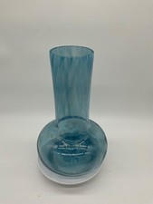 Contemporary hand-blown blue art glass vase with streaked patterns 12.5" tall