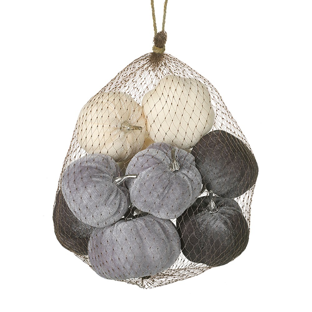 Bag Of 8 Velvet Autumn Pumpkin Gourds Silver Stalk 6 to 9cm Wide Grey Mix