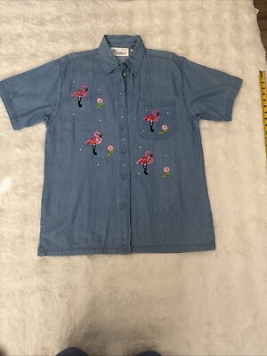 Vintage Women's  MILI DESIGNS Short Sleeve Flamingo Design Sz M Casual  Cotton