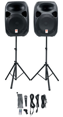 Rockville (2) 12'' Powered Speakers+Stands w/Bluetooth For Backyard Movie Theater