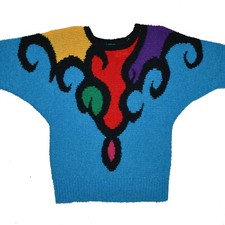 Vintage 80s Beldoch Popper Colorful Sweater Womens size Medium Knit 3/4 Sleeve