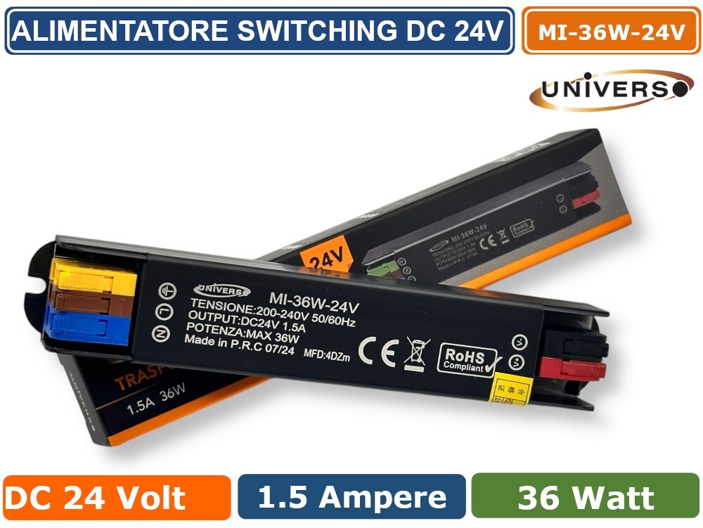 ALIMENTATORE SWITCHING ULTRA SLIM DA ESTERNO IP67 CON POTENZA 36W DC 24V 1.5A