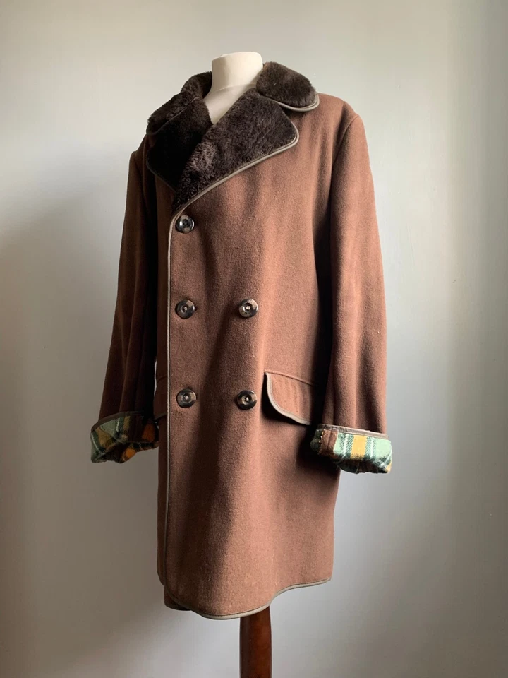 ABRIGO DE LANA VINTAGE 40 42 forro tartán medio cuello de piel gabardina cálido dunn&co Foto 3 de 4