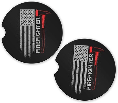 Firefighter Thin Red Line Car Coaster Set of 2 Ceramic Sandstone Cup Holder Gift
