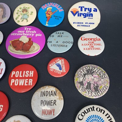 Vintage Pin Buttons Lot Of 40, 60s 70s 80s 90s 1” To 6” Hallmark