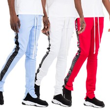 Men's Slim Fit Single Faux Leather Stripe Track Pants with Ankle Zipper