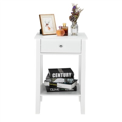 Two-layer Bedside Table Coffee Table with Drawer, White Night Stand