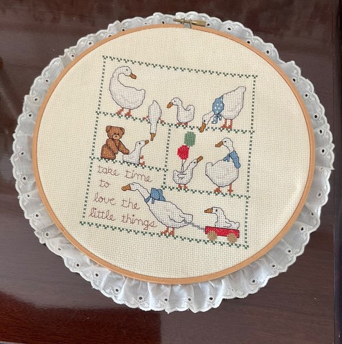 Vintage 1989 Cross Stitch TAKE TIME TO LOVE..  Framed Ruffle Artwork Preown