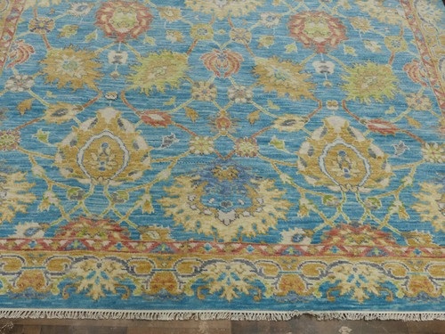 8'x8' New Fine Square Turkish Knot Oushak Hand knotted wool trendy Blue area rug - Picture 7 of 10