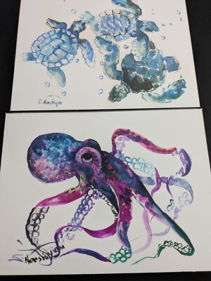 Sea Turtle & Octopus Art By S. Nersisyan Oceanic Decor Blue/ Pink Please READ