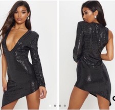 Pretty Little Thing, PLT, black sequin one shoulder plunge bodycon dress, size 4
