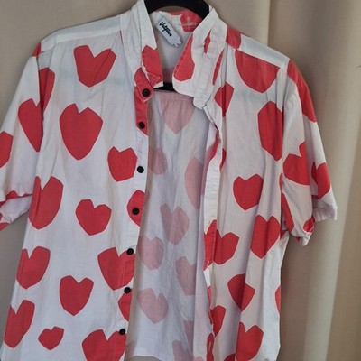 Vetements Heart Print Men's Short Sleeve Button-Up Shirt White Red Cotton