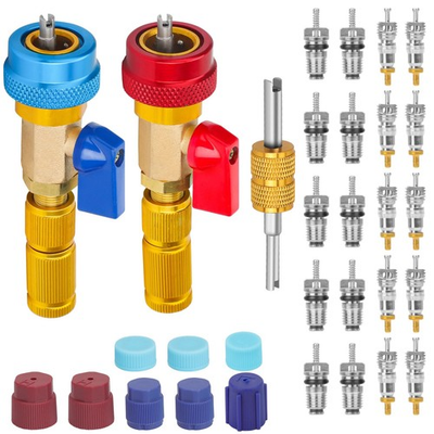 #ad HVAC R134A Valve Core Removal Tool Kit w High Low Pressure Connectors Red Blue $29.80