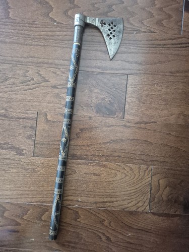 Antique Polish Shepherds Axe Valaska Ciupaya Cane Walking Stick Carved Inlays