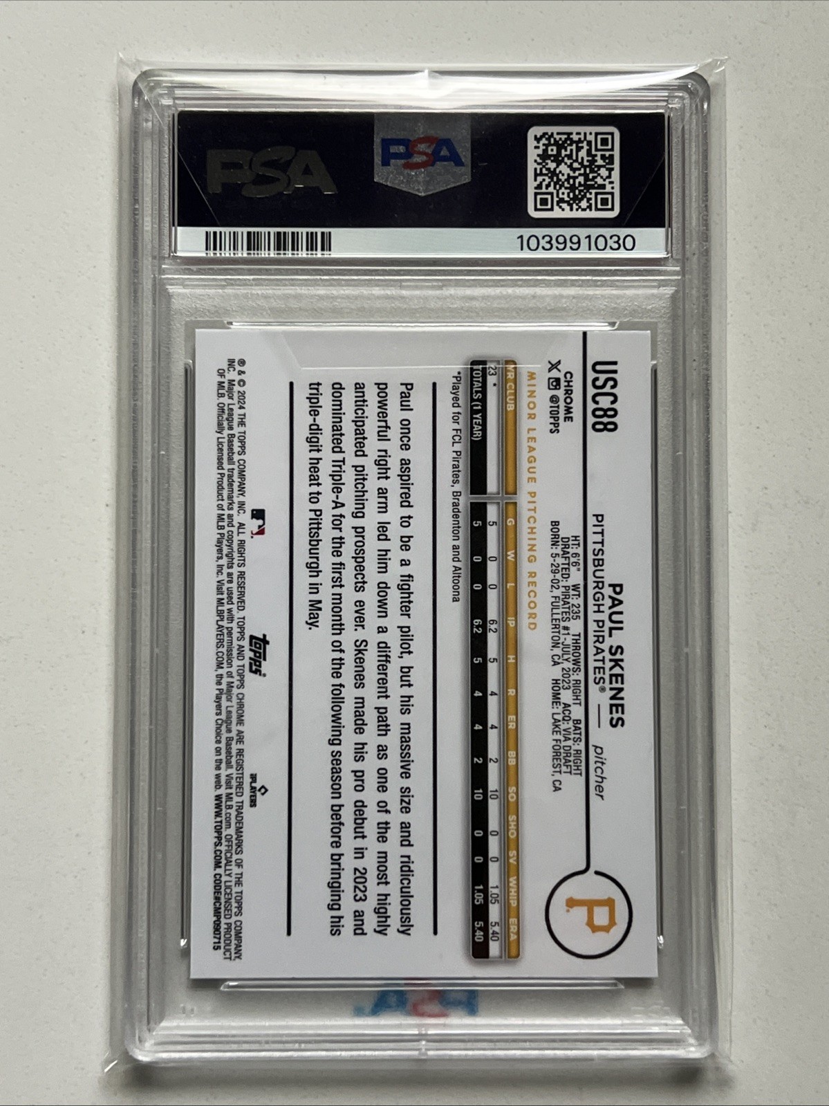 2024 Topps Chrome Update Series - Paul Skenes #USC88 Rookie Card PSA 9 view 3