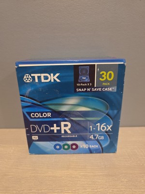 TDK DVD+R 4.7GB 16x 30 Disc Color Pack   New Open Box w/ Snap N Save Case